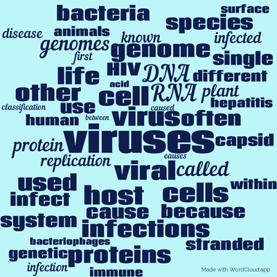 Word cloud with 50 words like viruses, virus and viral.