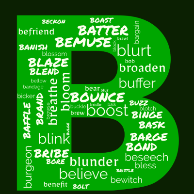Word cloud in the shape of the letter B with 51 words like believe, bounce and baffle.