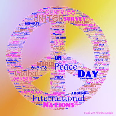 Word cloud with 50 words like Peace, Day and International.