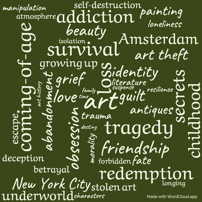 Word cloud of the book The Goldfinch with 46 words like art, obsession and loss.