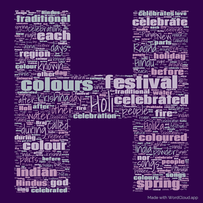 Word cloud with 50 words like Holi, festival and colours.