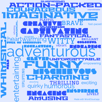 Word cloud of the book How to Be a Pirate by Cressida Cowell with 44 words like adventurous, funny and imaginative.