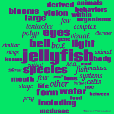 Word cloud with 50 words like jellyfish, species and box.