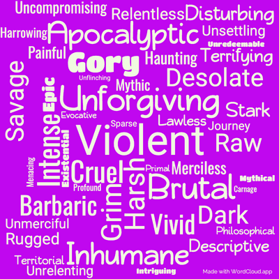 Word cloud of the book Blood Meridian Or The Evening Redness In The West with 47 words like Violent, Unforgiving and Harsh.