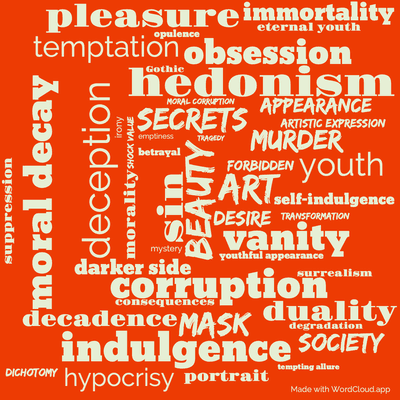 Word cloud of the book The Picture of Dorian Gray by Oscar Wilde with 47 words like hedonism, beauty and corruption.