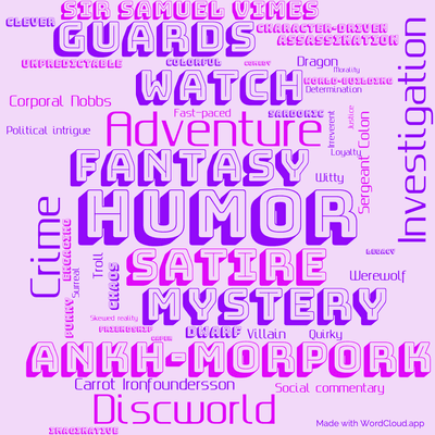 Word cloud of the book Men at Arms by Terry Pratchett with 47 words like Humor, Satire and Fantasy.