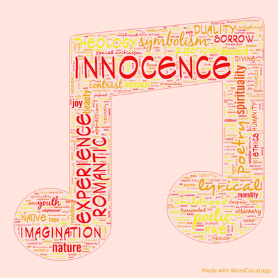Word cloud of the book Songs of Innocence, and Songs of Experience by William Blake with 46 words like innocence, experience and poetry.