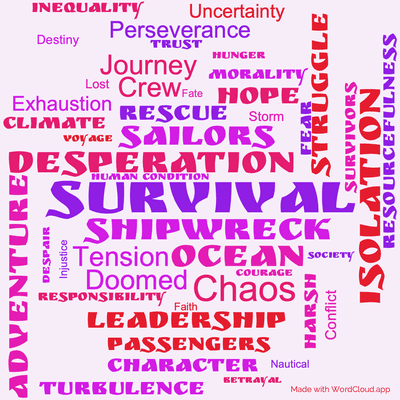 Word cloud of the book The Survivors of the Chancellor with 46 words like Survival , Shipwreck and Isolation .