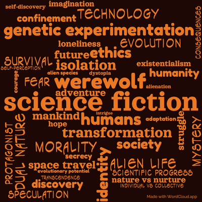 Word cloud of the book The Werewolf Principle with 46 words like science fiction, werewolf and genetic experimentation.