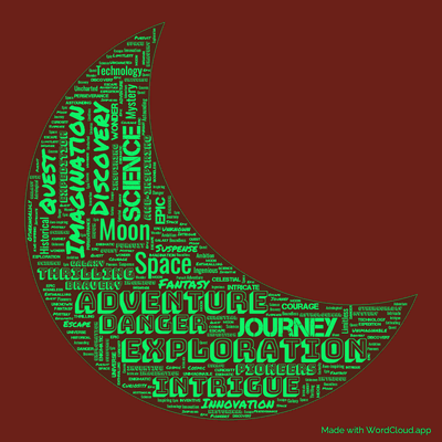 Word cloud of the book The Moon Voyage with 48 words like Exploration, Adventure and Space.