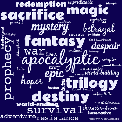 Word cloud of the book The Hero of Ages by Brandon Sanderson with 48 words like apocalyptic, fantasy and epic.