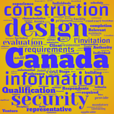 Word cloud with 124 words like Canada, design and construction.