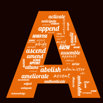 Word cloud in the shape of the letter A with 54 words like amend, abide and avow.