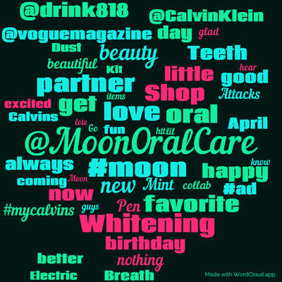 Word cloud with 50 words like @MoonOralCare, #moon and partner.