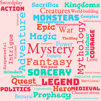 Word cloud of the book The Lady of the Lake by Andrzej Sapkowski with 47 words like Mystery, Fantasy and Adventure.