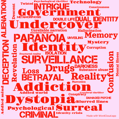Word cloud of the book A Scanner Darkly by Philip K. Dick with 47 words like Addiction, Surveillance and Identity.