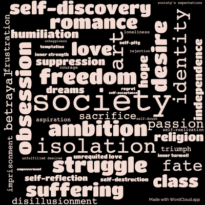 Word cloud of the book Of Human Bondage by William Somerset Maugham with 47 words like society, ambition and freedom.