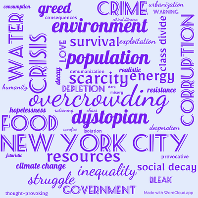 Word cloud of the book Make Room Make Room with 46 words like overcrowding , scarcity and dystopian .