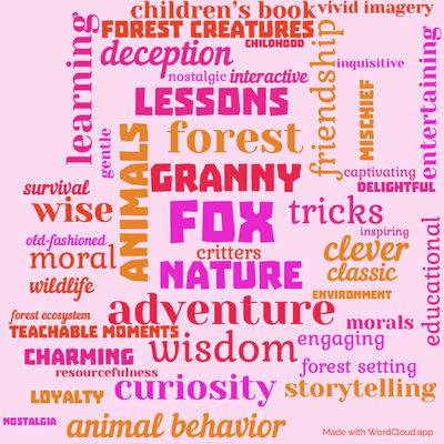 Word cloud of the book Old Granny Fox by Thornton W. Burgess with 47 words like fox, granny and nature.