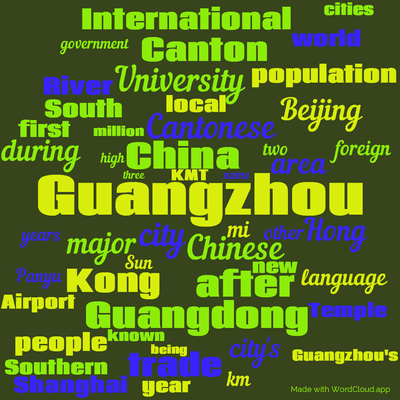 Word cloud with 50 words like Guangzhou, city and China.