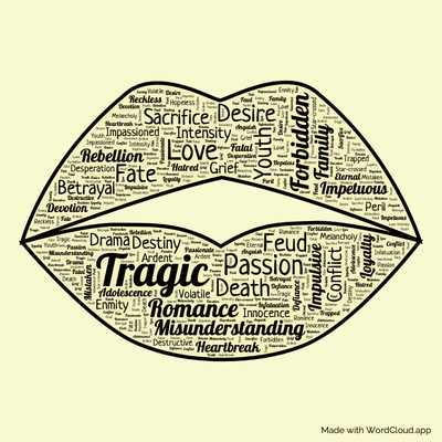 Word cloud of the book Romeo and Juliet by William Shakespeare with 47 words like Tragic, Love and Passion.