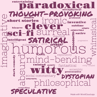 Word cloud of the book Store of the Worlds by Robert Sheckley with 47 words like humorous, imaginative and satirical.