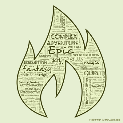 Word cloud of the book Baptism of Fire by Andrzej Sapkowski with 48 words like Epic, fantasy and adventure.