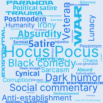 Word cloud of the book Hocus Pocus with 49 words like Hocus Pocus, Satire and Black comedy.