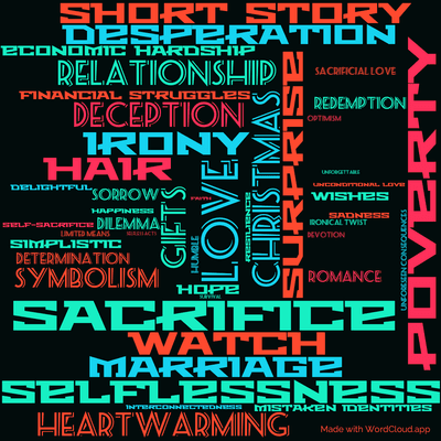 Word cloud of the book The Gift of the Magi by O. Henry with 46 words like sacrifice, love and poverty.