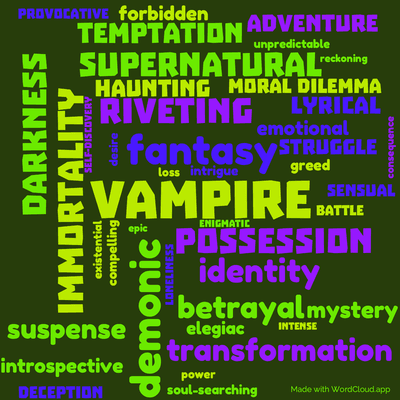 Word cloud of the book The Tale Of The Body Thief with 43 words like vampire, fantasy and demonic.