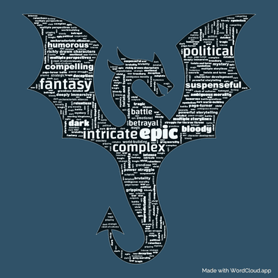 Word cloud of the book A Dance With Dragons by George R. R. Martin with 47 words like epic, fantasy and intricate.