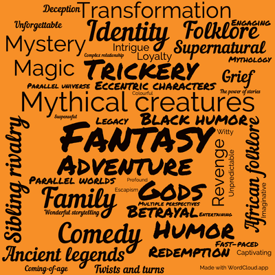 Word cloud of the book Anansi Boys with 48 words like Fantasy, Adventure and Mythical creatures.