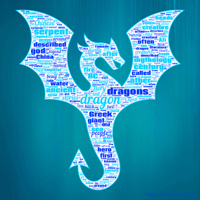 Word cloud with 50 words like dragon, dragons and serpent.