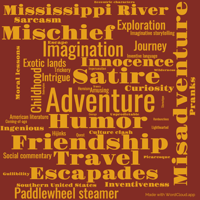 Word cloud of the book Tom Sawyer abroad with 48 words like Adventure, Humor and Satire.