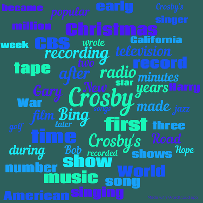 Word cloud with 50 words like Crosby, Bing and radio.