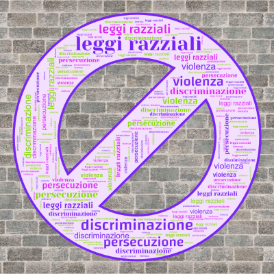 Word cloud in a Forbidden Sign shape with 4 words like leggi razziali, discriminazione and persecuzione.