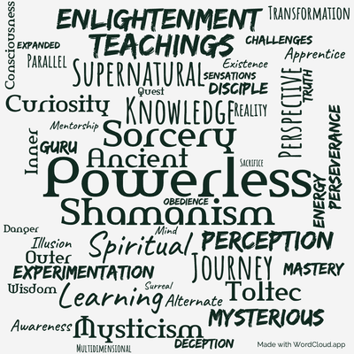 Word cloud of the book The Second Ring of Power by Carlos Castaneda with 48 words like Powerless, Shamanism and Sorcery.