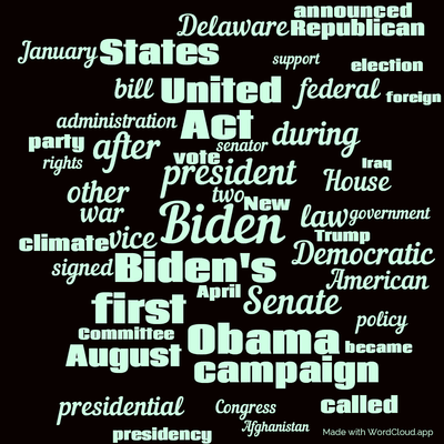 Word cloud with 50 words like Biden, president and Biden's.