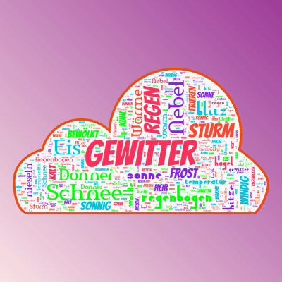 Word cloud in a Smiling Face Starry Eyes shape with 25 words like Gewitter, Regen and Sonne.