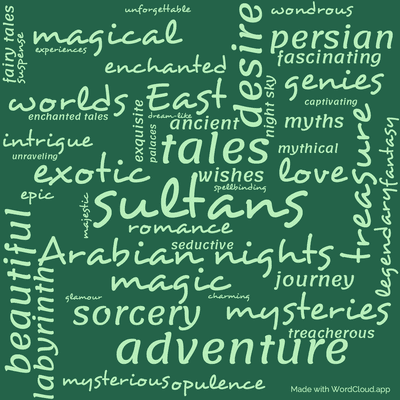 Word cloud of the book The Book Of The Thousand Nights And One Night, Volume I with 50 words like sultans, tales and Arabian nights.