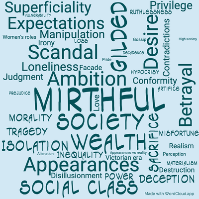 Word cloud of the book The House of Mirth by Edith Wharton with 48 words like Mirthful , Society and Ambition .