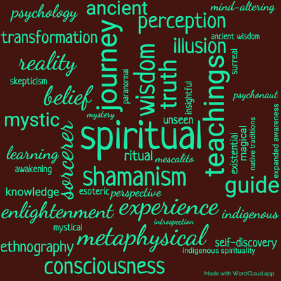 Word cloud of the book Journey To Ixtlan by Carlos Castaneda with 46 words like spiritual, shamanism and teachings.