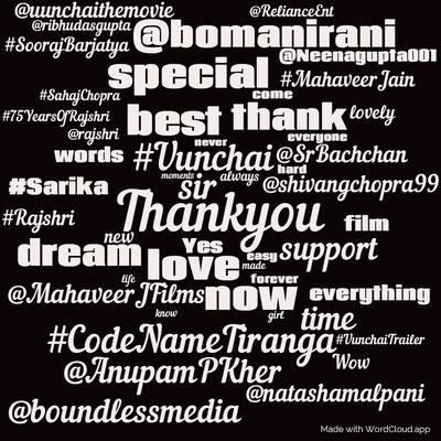 Word cloud with 50 words like Thankyou, love and sir.