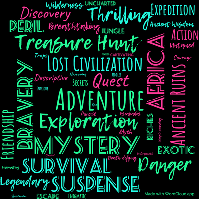 Word cloud of the book King Solomon's Mines by H. Rider Haggard with 48 words like Adventure, Exploration and Mystery.