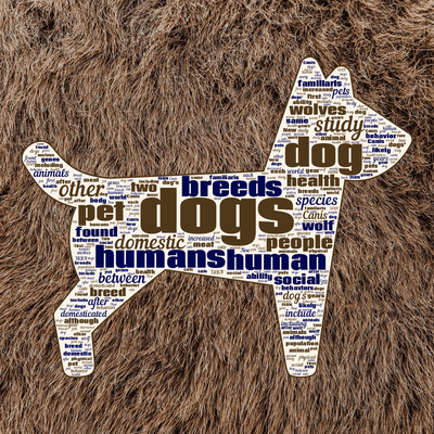 Word cloud with 50 words like dogs, dog and humans.