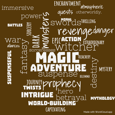 Word cloud of the book Season of Storms by Andrzej Sapkowski with 40 words like Magic, adventure and monsters.