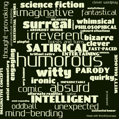 Word cloud of the book Dimension of Miracles with 48 words like humorous, satirical and witty.