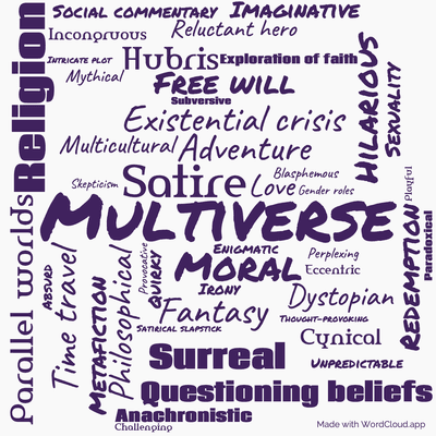 Word cloud of the book Job, A Comedy of Justice with 47 words like Multiverse, Satire and Religion.