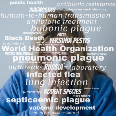 Word cloud with 36 words like pneumonic plague, World Health Organization and Russia.