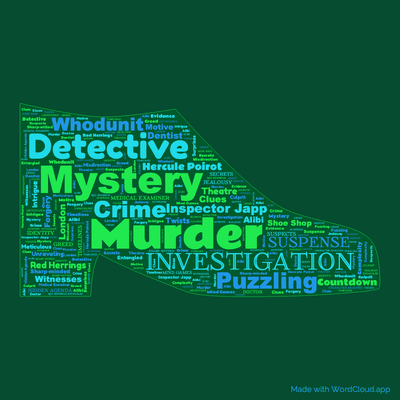 Word cloud of the book One, Two, Buckle My Shoe with 44 words like Mystery, Murder and Investigation.